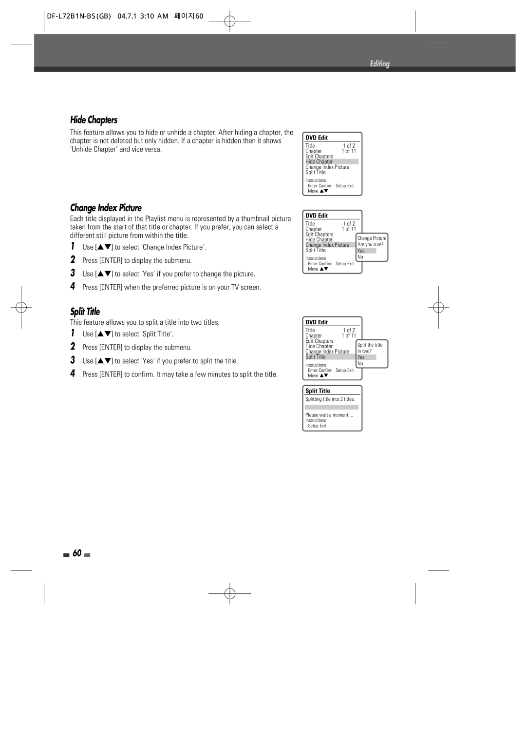 Go-Video VR2945 user manual Hide Chapters, Change Index Picture, Split Title, DF-L72B1N-BSGB 04.7.1 310 AM 페이지60 