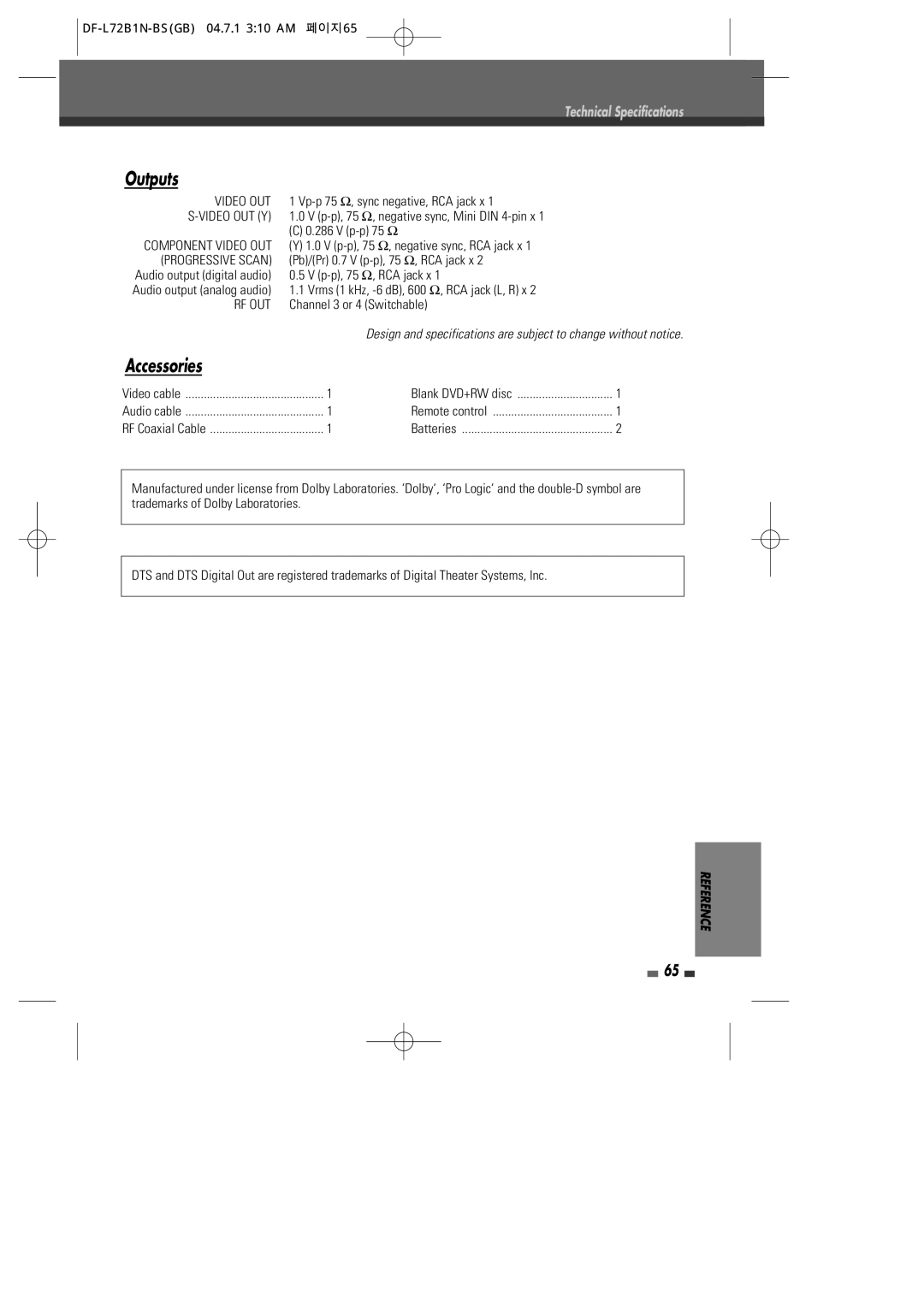 Go-Video VR2945 user manual Outputs, Accessories 