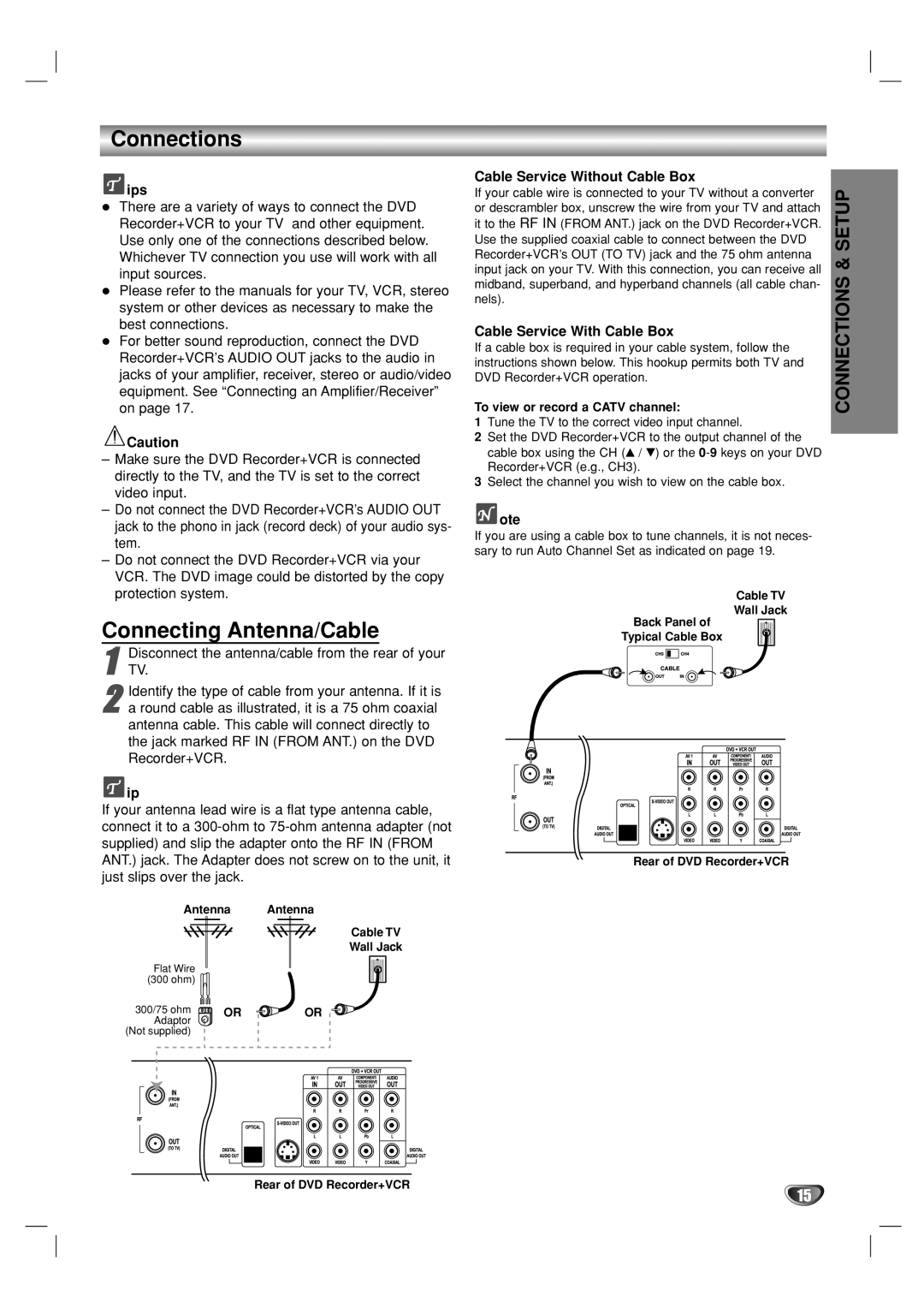 Go-Video VR3840 Connections, Connecting Antenna/Cable, Ips, Cable Service Without Cable Box, Cable Service With Cable Box 