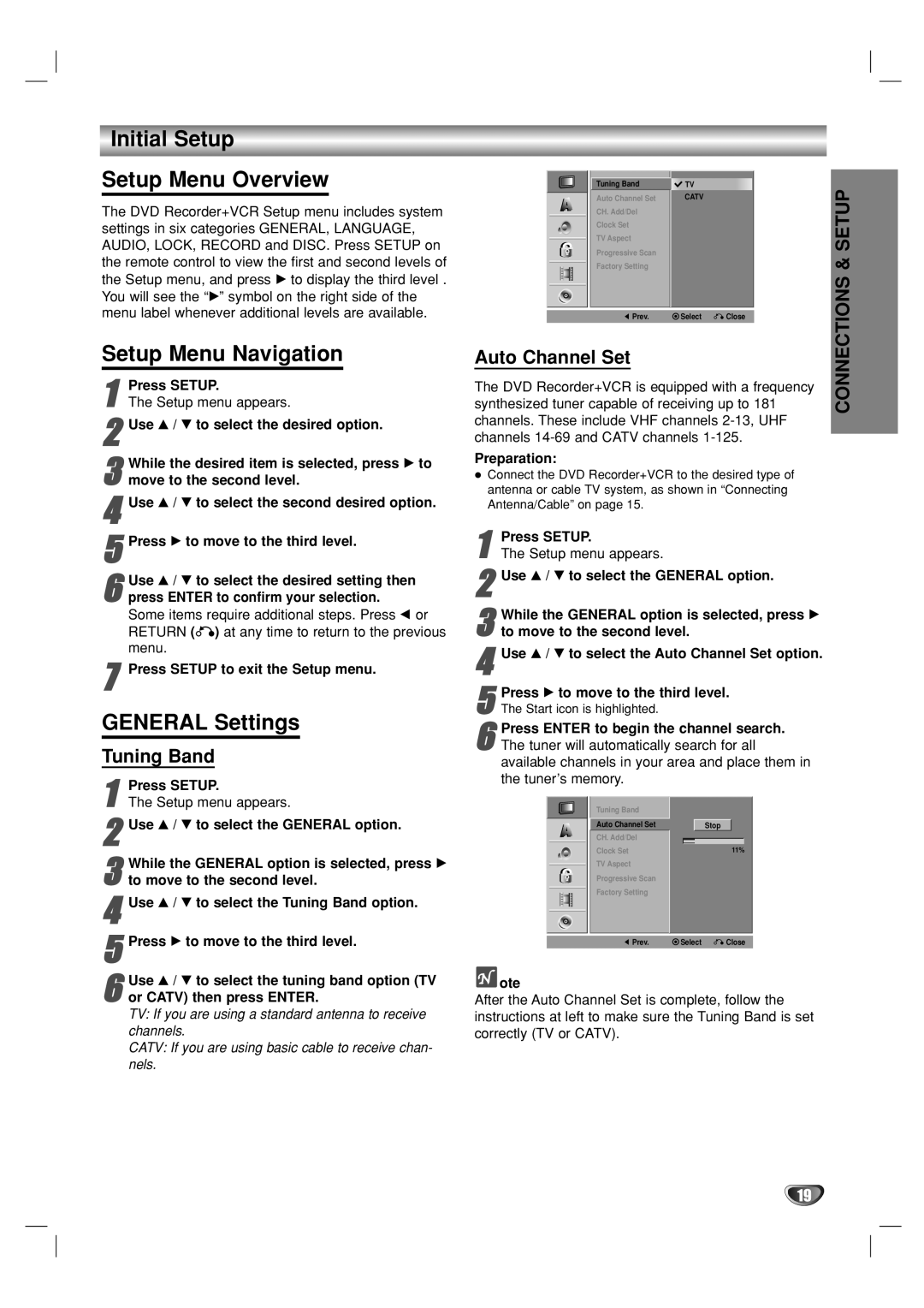 Go-Video VR3840 Initial Setup Setup Menu Overview, Setup Menu Navigation, General Settings, Tuning Band, Auto Channel Set 