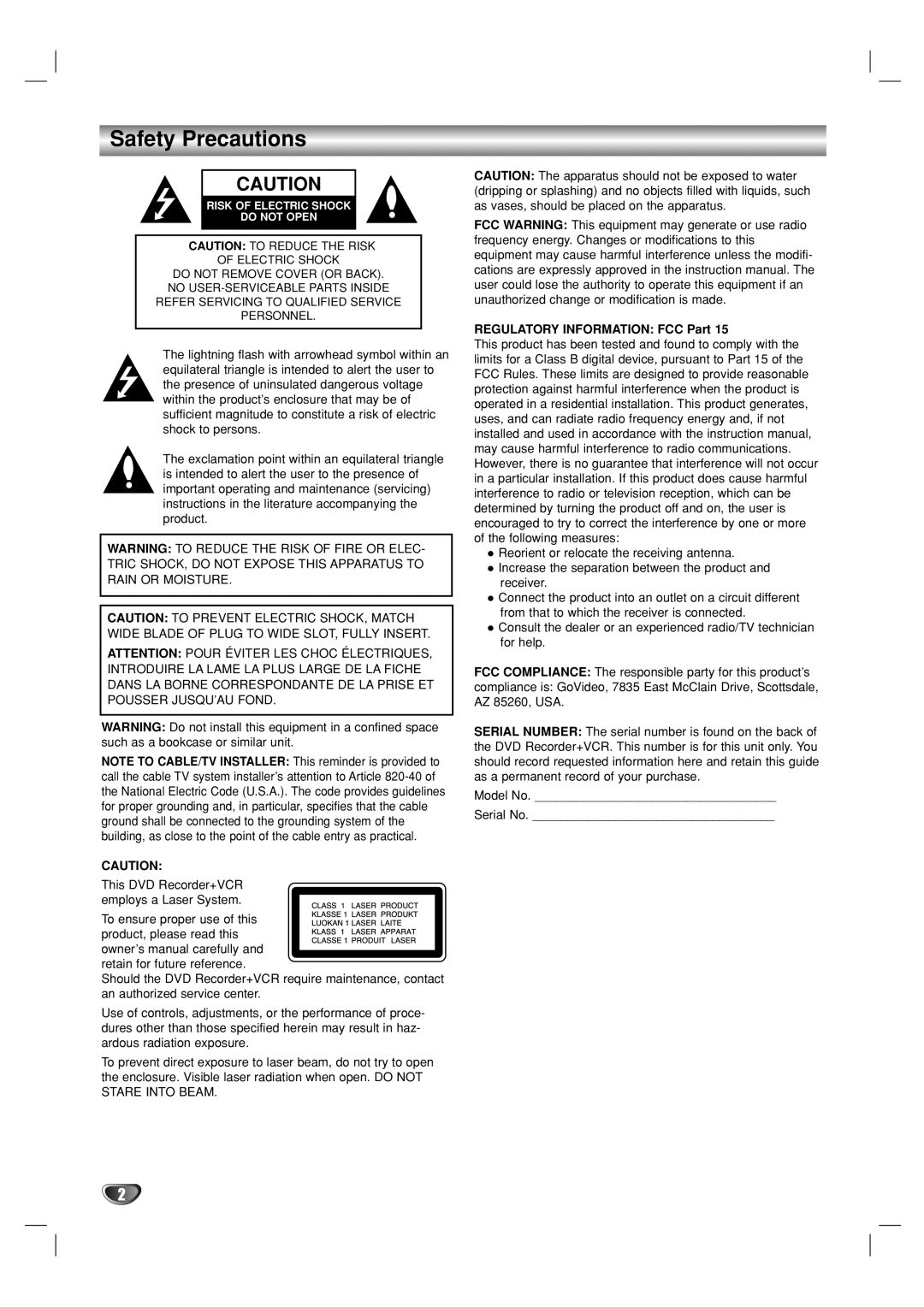 Go-Video VR3840 manual Safety Precautions, Regulatory Information FCC Part 