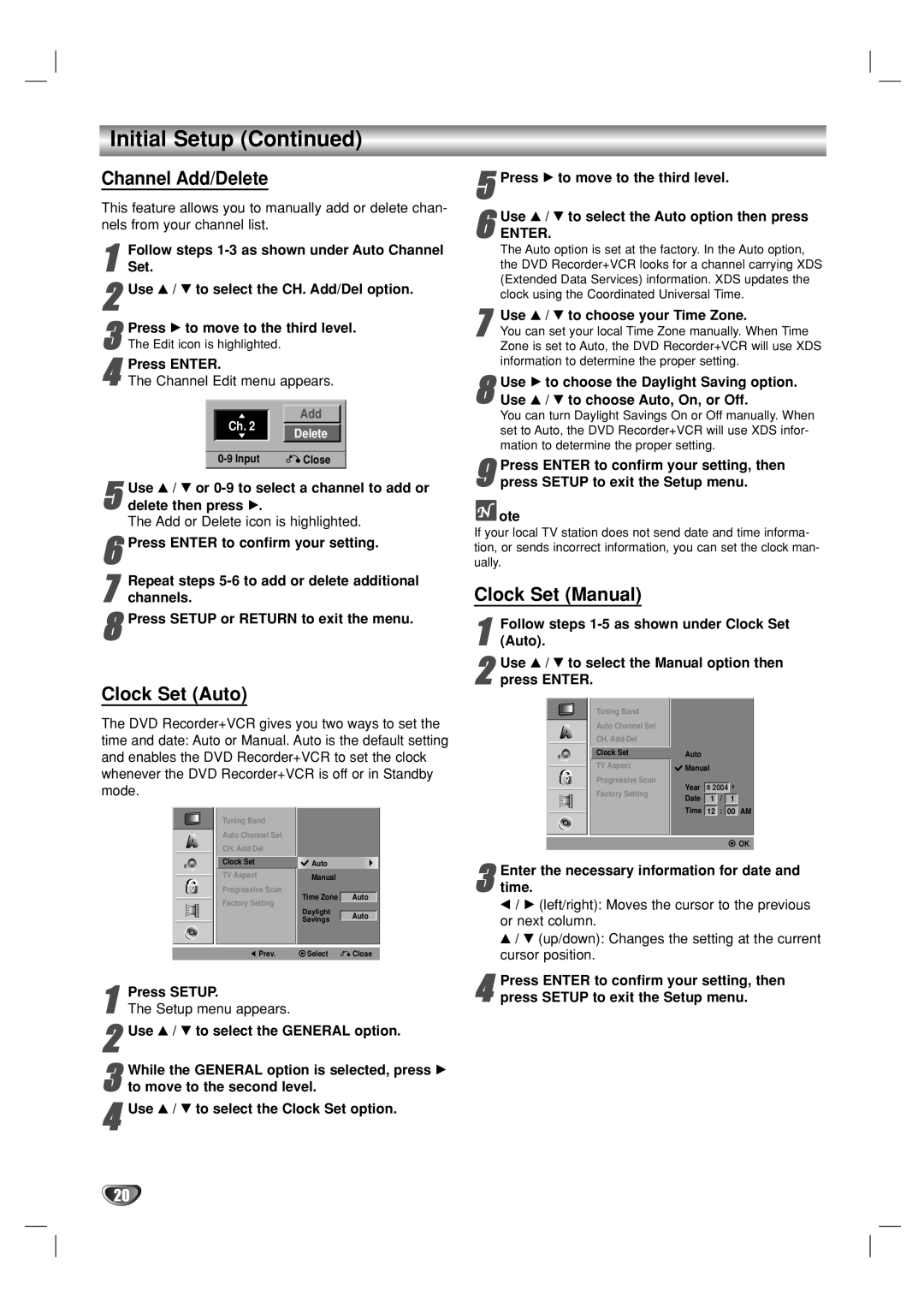 Go-Video VR3840 manual Initial Setup, Channel Add/Delete, Clock Set Auto, Clock Set Manual 