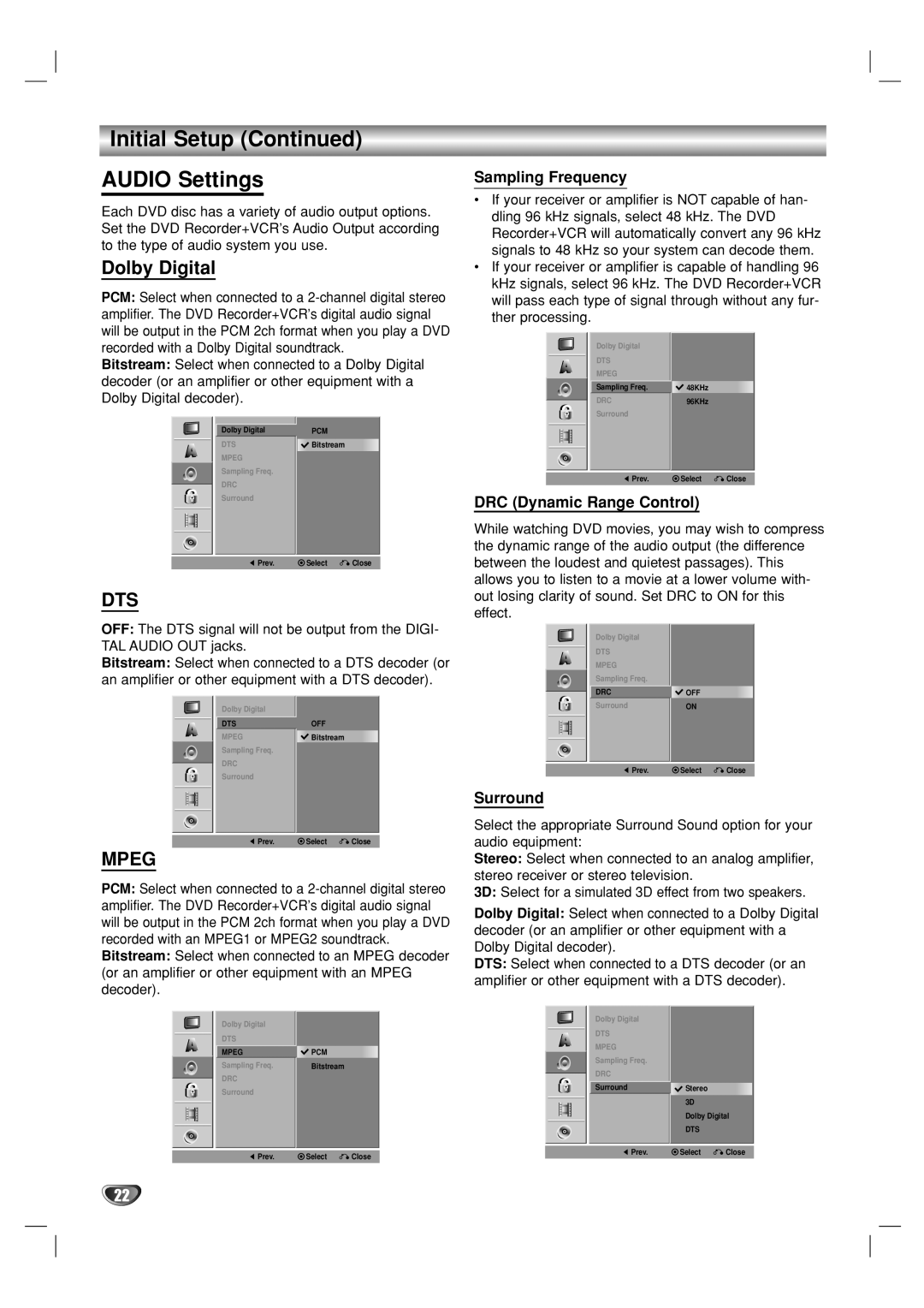 Go-Video VR3840 manual Initial Setup Audio Settings, Dolby Digital, Dts, Mpeg 