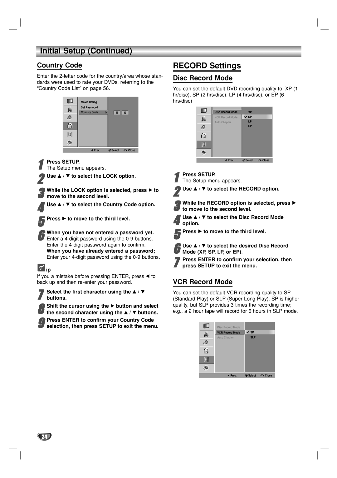 Go-Video VR3840 Record Settings, Country Code, Disc Record Mode, VCR Record Mode, Select the first character using the v 