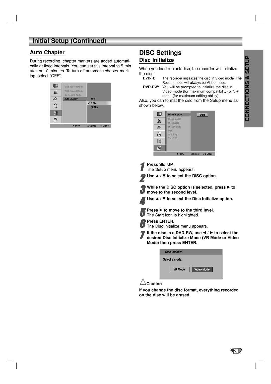 Go-Video VR3840 manual Disc Settings, Auto Chapter, Disc Initialize, Setup 