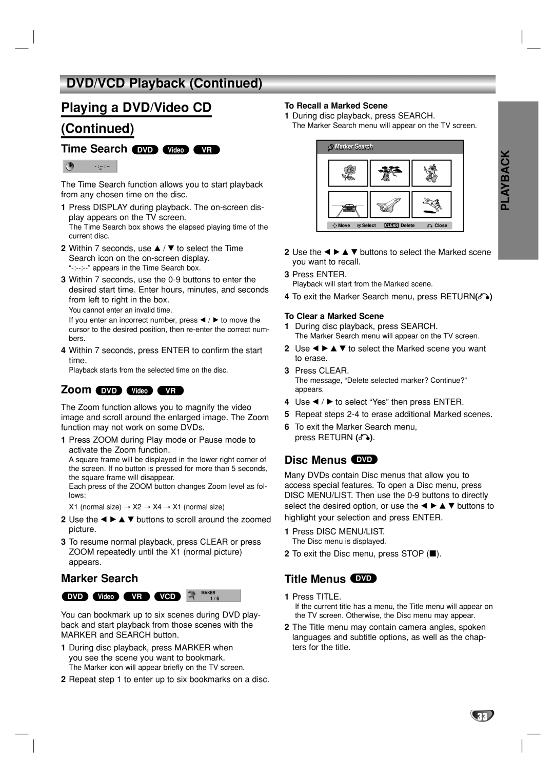 Go-Video VR3840 manual Time Search DVD Video VR, Marker Search, Disc Menus DVD, Title Menus DVD 