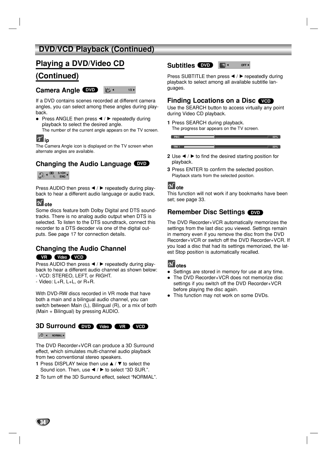 Go-Video VR3840 manual Camera Angle, Changing the Audio Language DVD, Changing the Audio Channel, Subtitles 