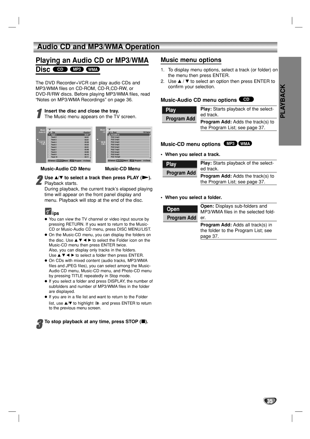 Go-Video VR3840 manual Playing an Audio CD or MP3/WMA, Music menu options, Music-Audio CD menu options CD 