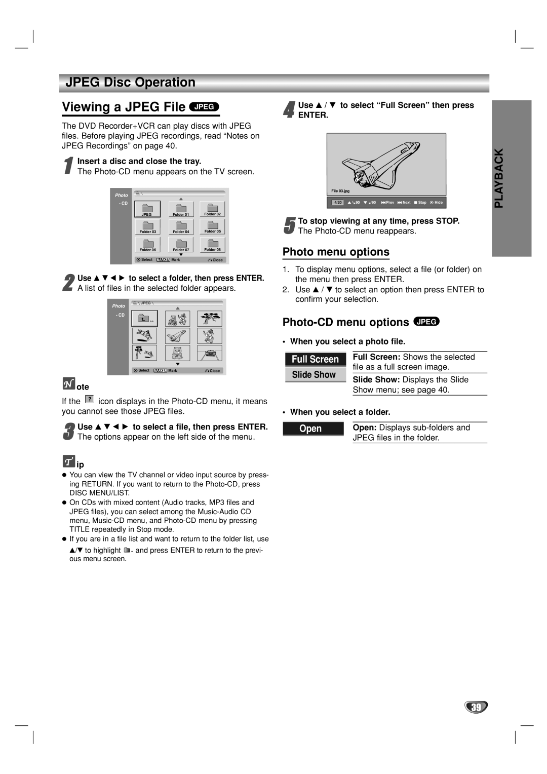 Go-Video VR3840 Jpeg Disc Operation Viewing a Jpeg File Jpeg, Photo menu options, Photo-CD menu options Jpeg, Slide Show 