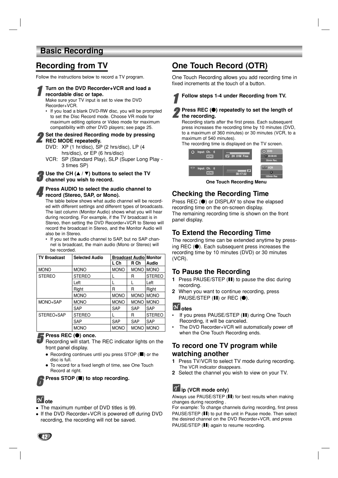 Go-Video VR3840 manual Basic Recording Recording from TV, One Touch Record OTR 