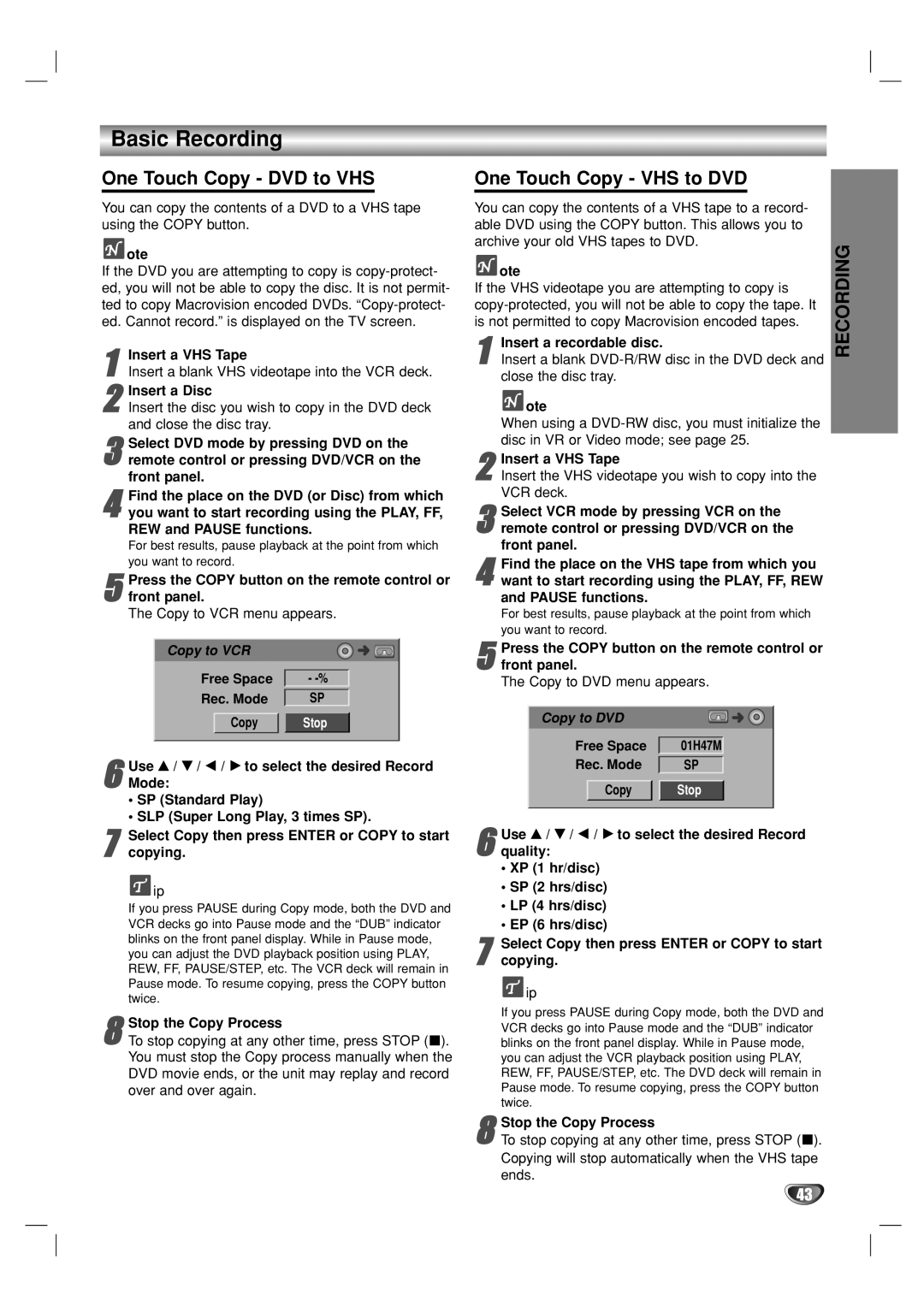 Go-Video VR3840 manual Basic Recording, One Touch Copy DVD to VHS, One Touch Copy VHS to DVD 