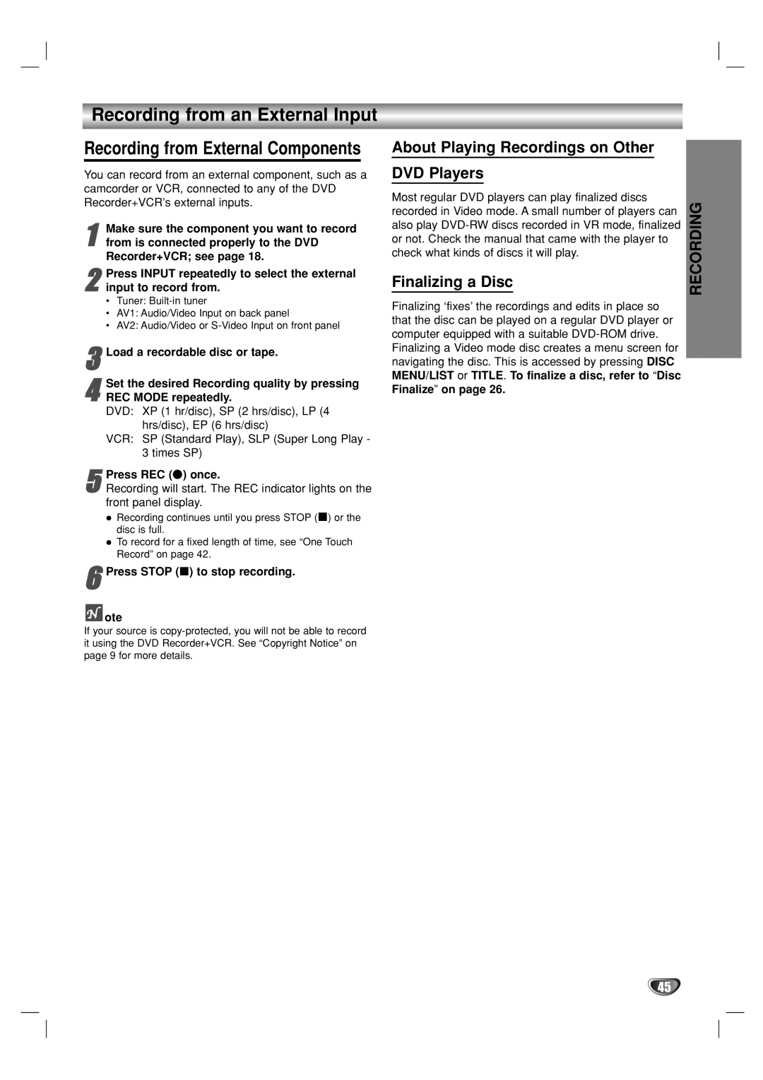 Go-Video VR3840 manual Recording from an External Input, About Playing Recordings on Other DVD Players, Finalizing a Disc 