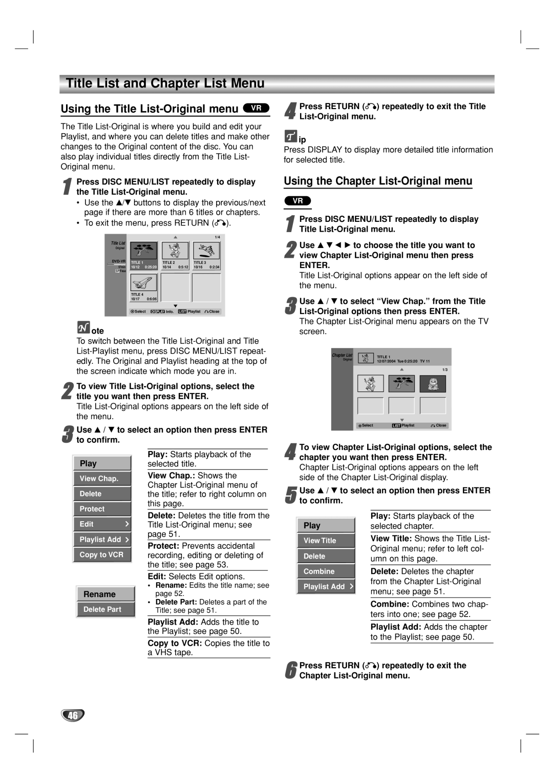 Go-Video VR3840 manual Title List and Chapter List Menu, Using the Title List-Original menu VR 