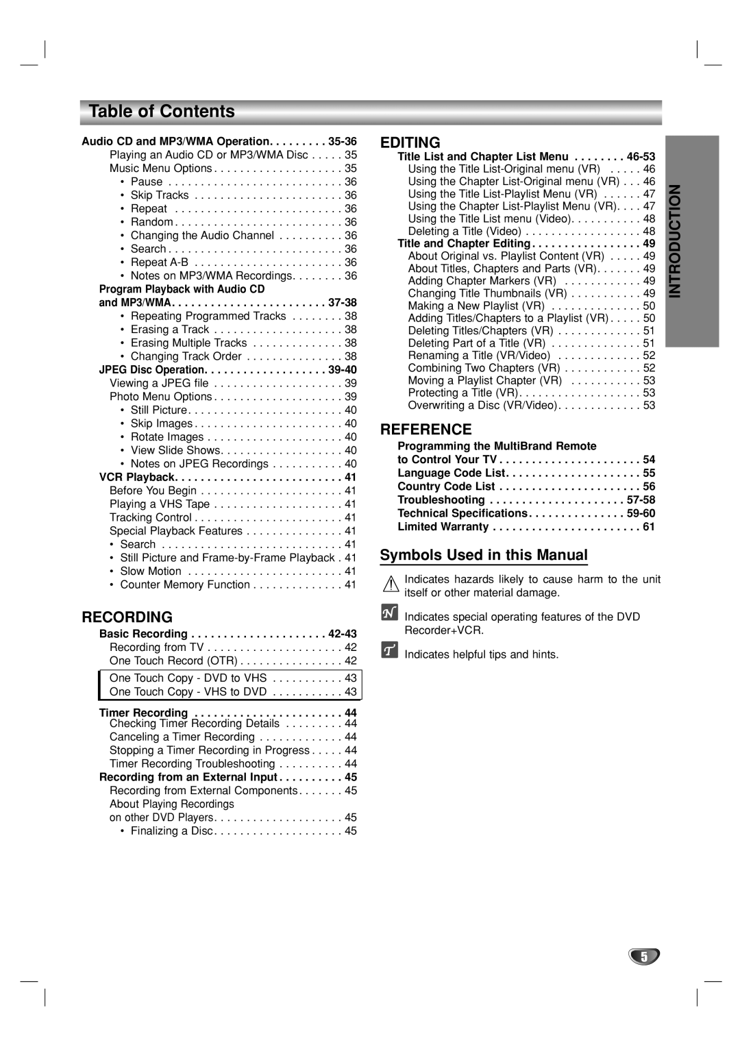 Go-Video VR3840 manual Recording, Editing, Reference, Symbols Used in this Manual 