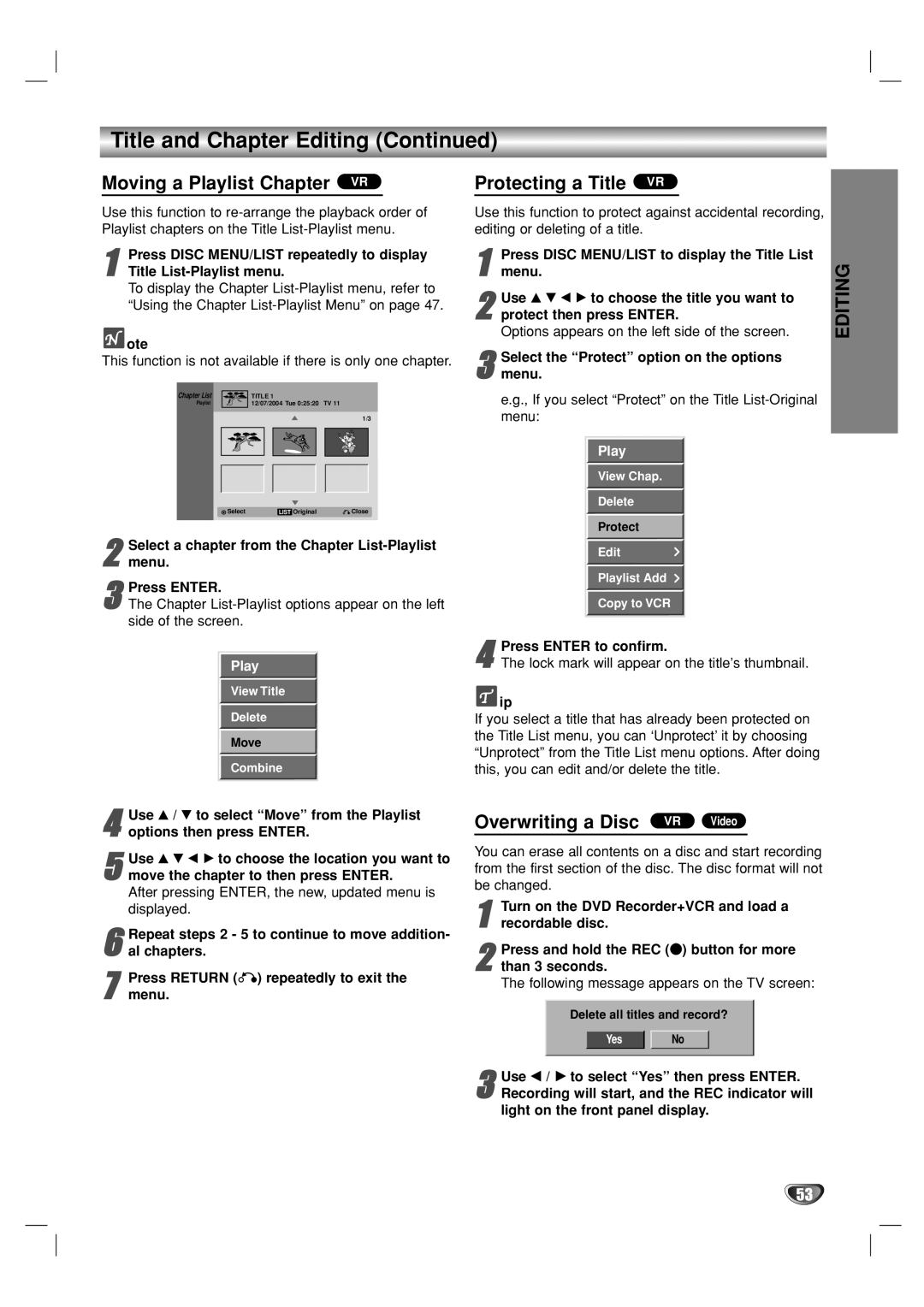 Go-Video VR3840 manual Moving a Playlist Chapter VR, Protecting a Title VR, Overwriting a Disc VR Video 