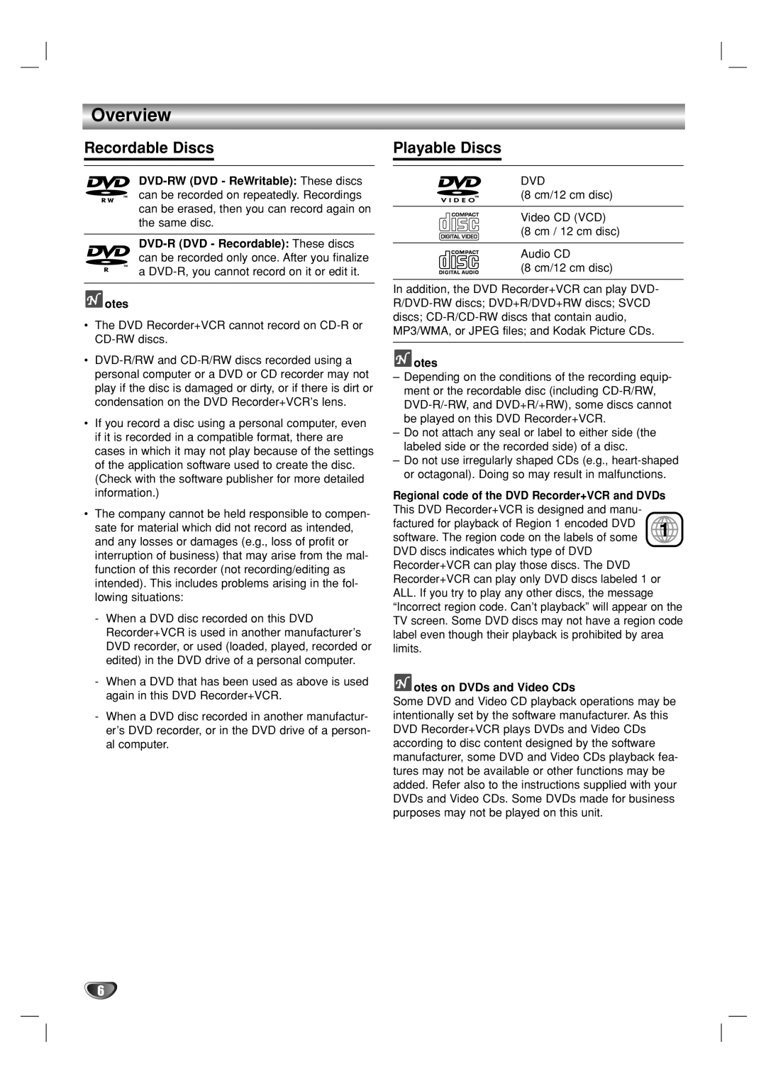 Go-Video VR3840 manual Overview, Recordable Discs, Playable Discs 