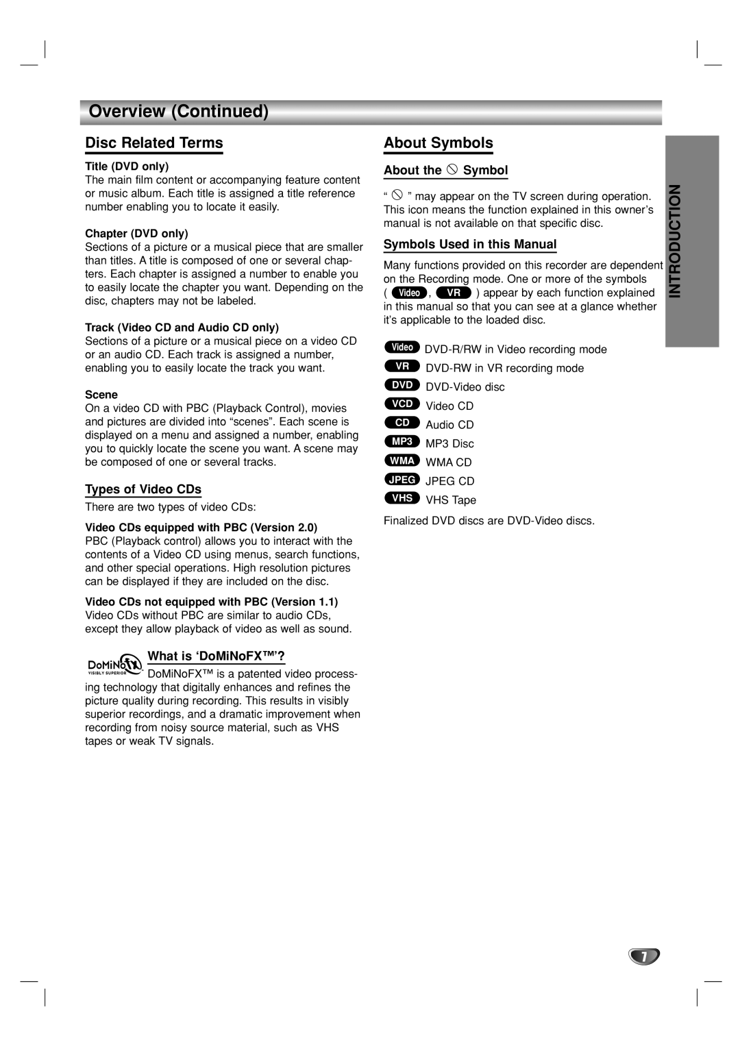 Go-Video VR3840 manual Disc Related Terms, About Symbols, Types of Video CDs, What is ‘DoMiNoFX’? 