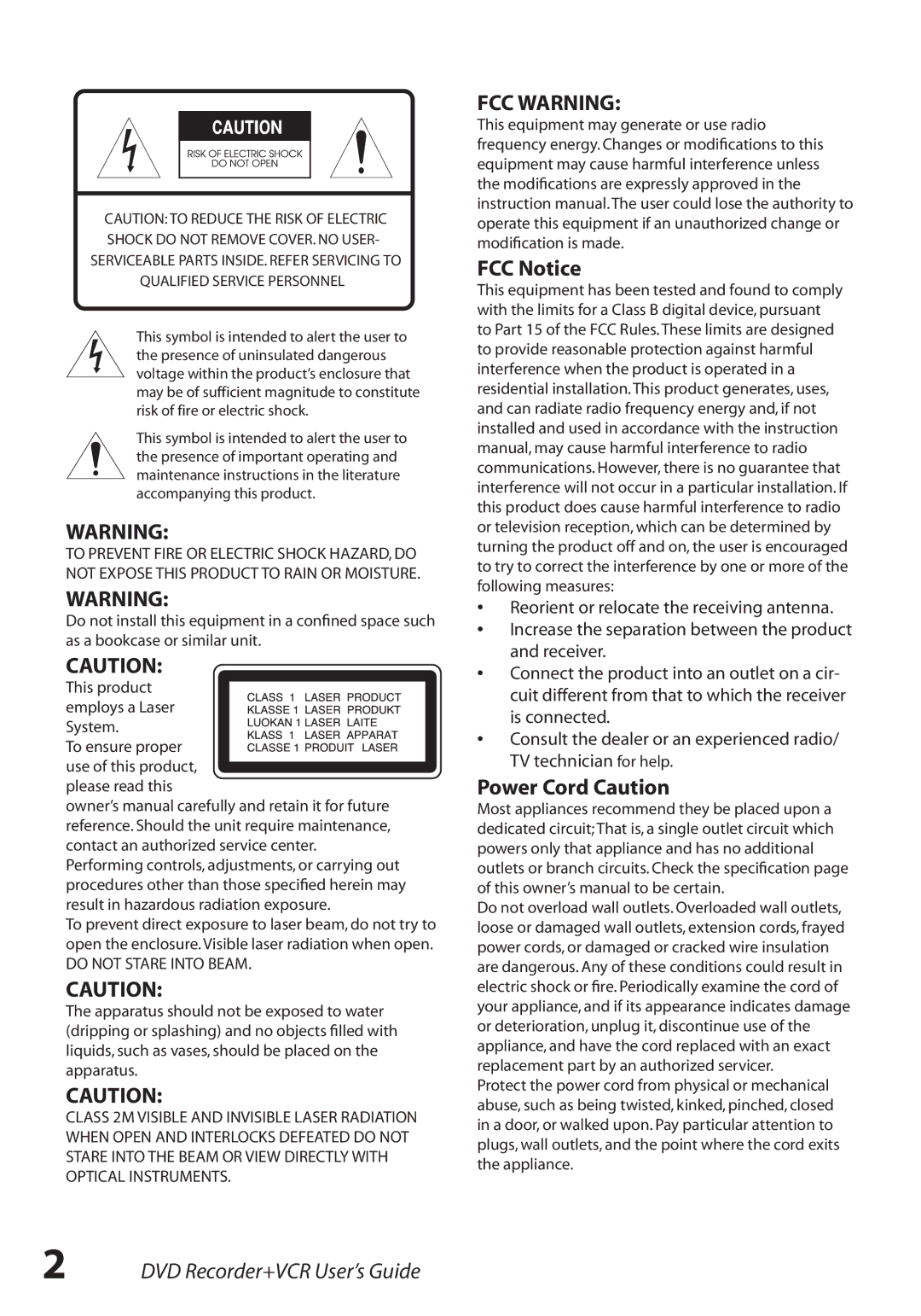 Go-Video VR3845 manual FCC Notice, Power Cord Caution 