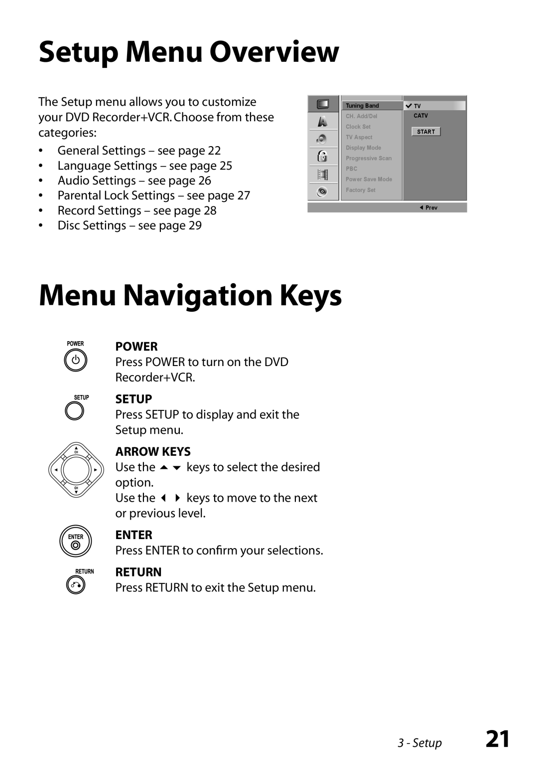 Go-Video VR3845 manual Setup Menu Overview, Menu Navigation Keys, Press Setup to display and exit Setup menu 