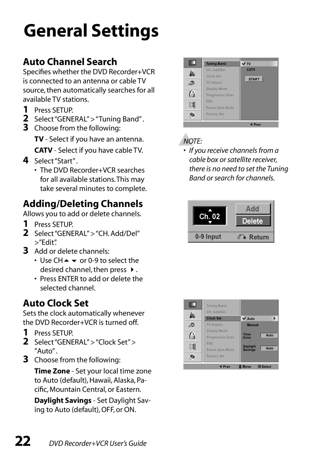 Go-Video VR3845 manual General Settings, Auto Channel Search, Adding/Deleting Channels, Auto Clock Set 