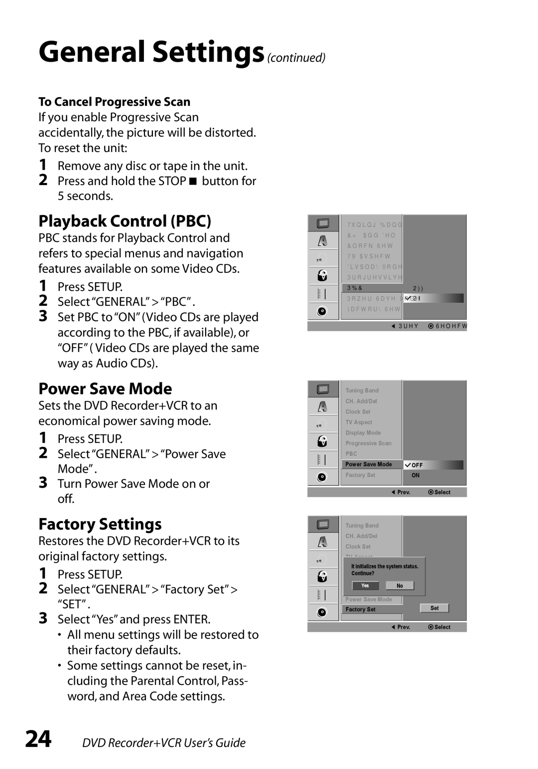 Go-Video VR3845 manual Playback Control PBC, Power Save Mode, Factory Settings 