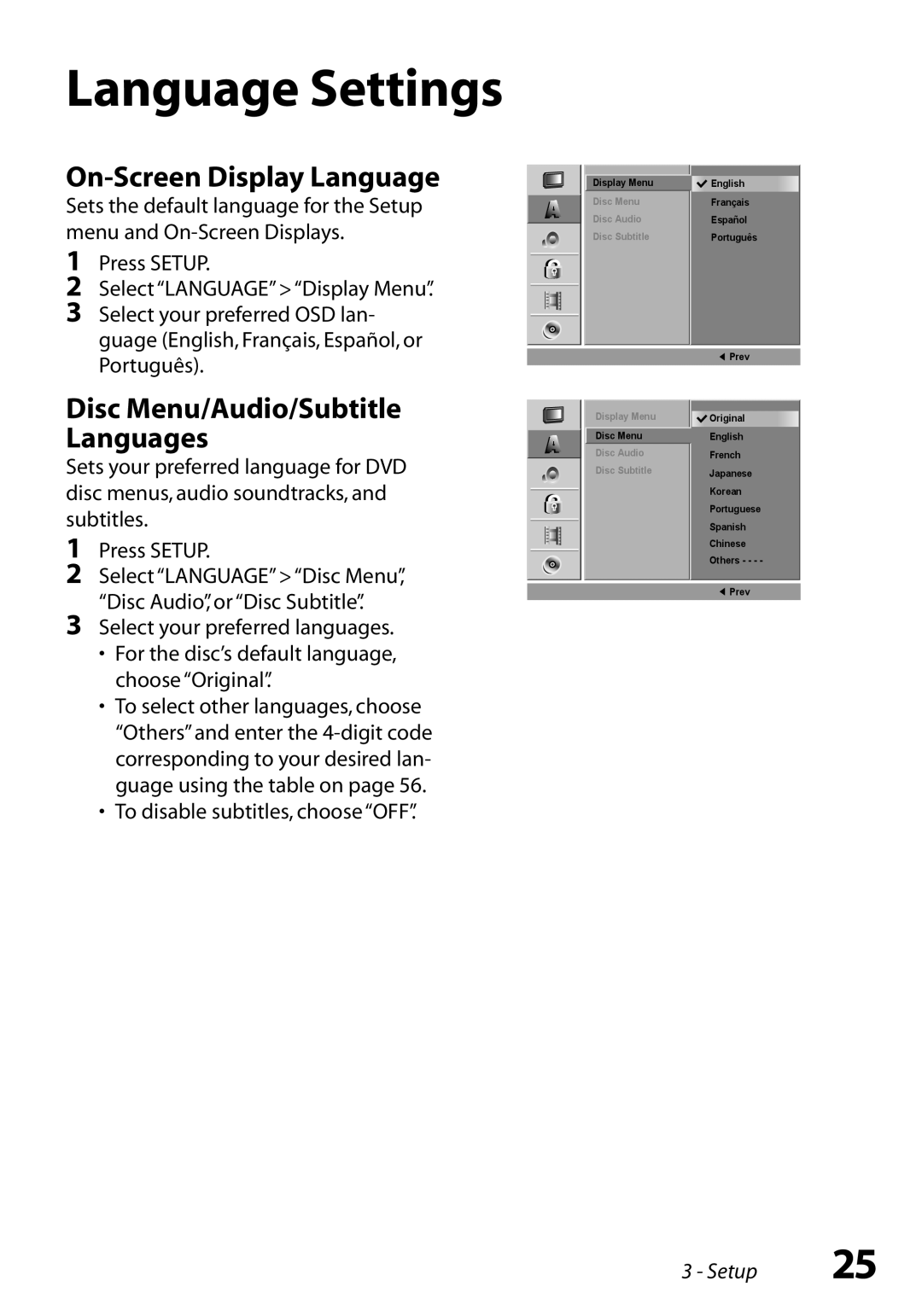 Go-Video VR3845 manual Language Settings, On-Screen Display Language, To disable subtitles, choose OFF 