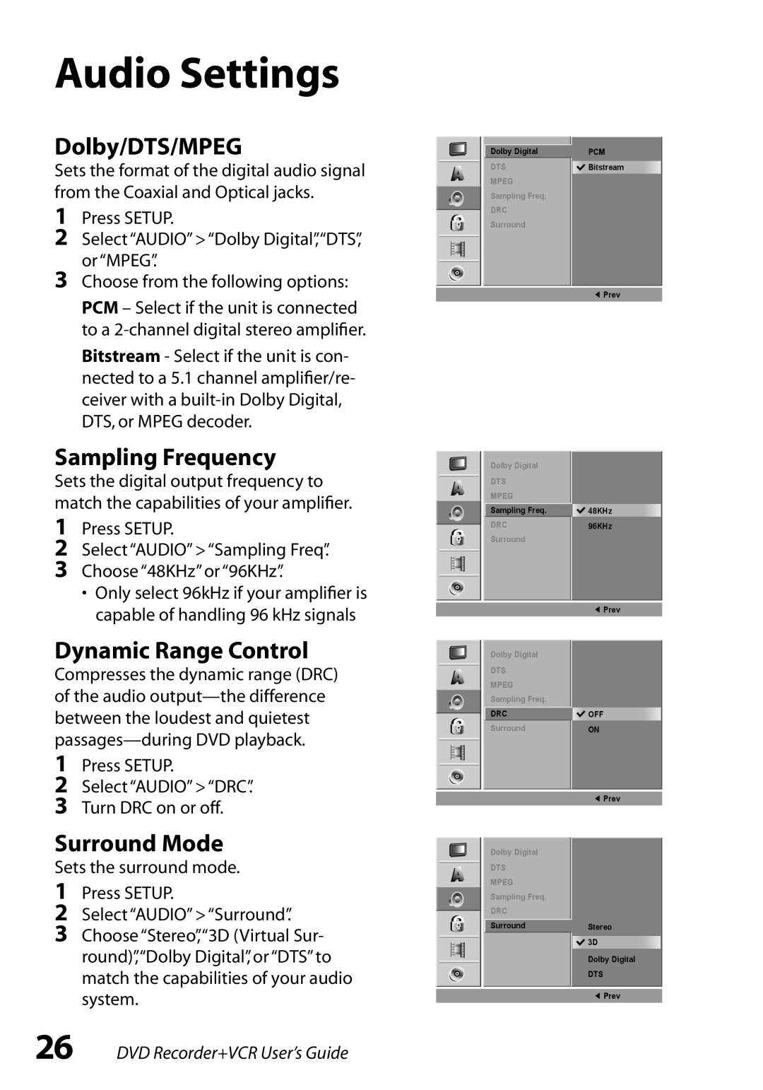 Go-Video VR3845 manual Audio Settings, Dolby/DTS/MPEG, Sampling Frequency, Dynamic Range Control, Surround Mode 