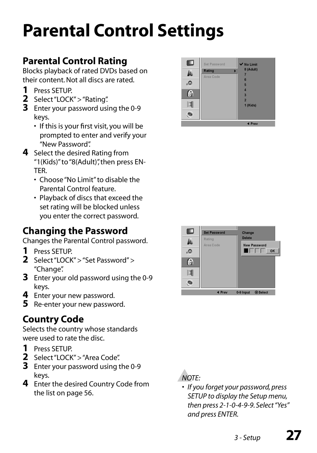 Go-Video VR3845 manual Parental Control Settings, Parental Control Rating, Changing the Password, Country Code 