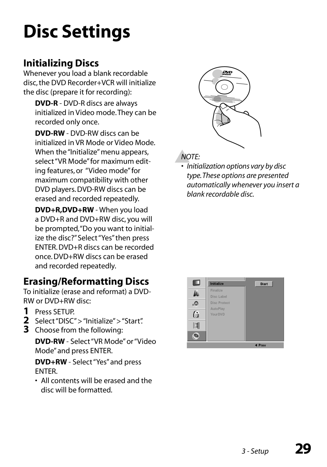 Go-Video VR3845 manual Disc Settings, Initializing Discs, Erasing/Reformatting Discs 