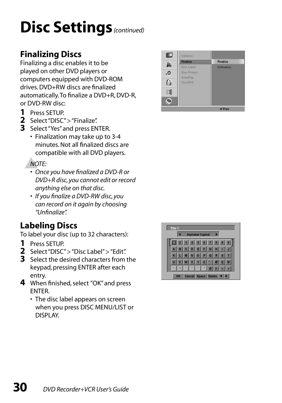 Go-Video VR3845 manual Finalizing Discs, Labeling Discs, Entry When ﬁnished, select OK and press 