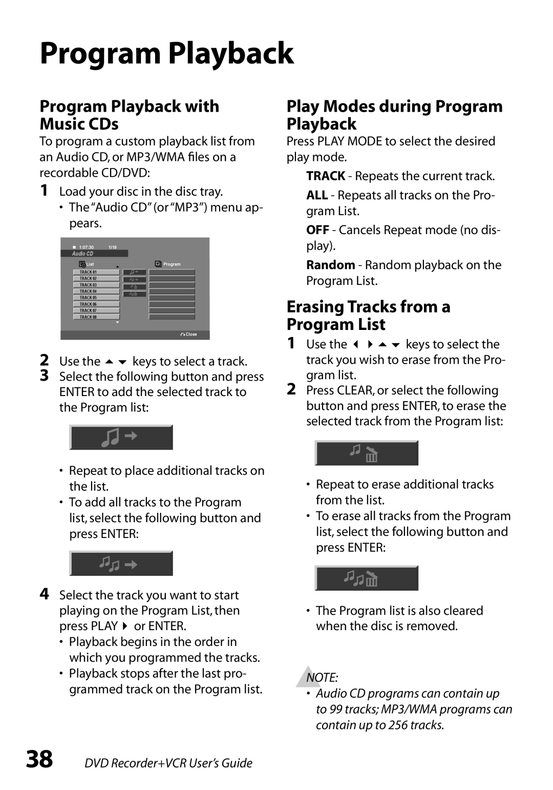 Go-Video VR3845 manual Program Playback with Music CDs, Play Modes during Program Playback, Gram list 