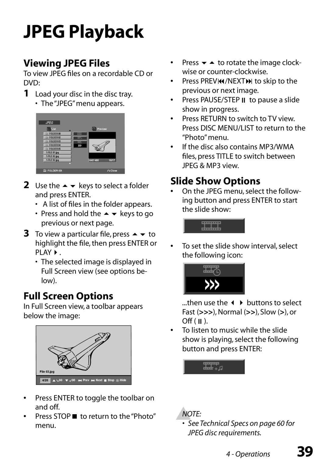 Go-Video VR3845 manual Jpeg Playback, Viewing Jpeg Files, Full Screen Options, Slide Show Options 