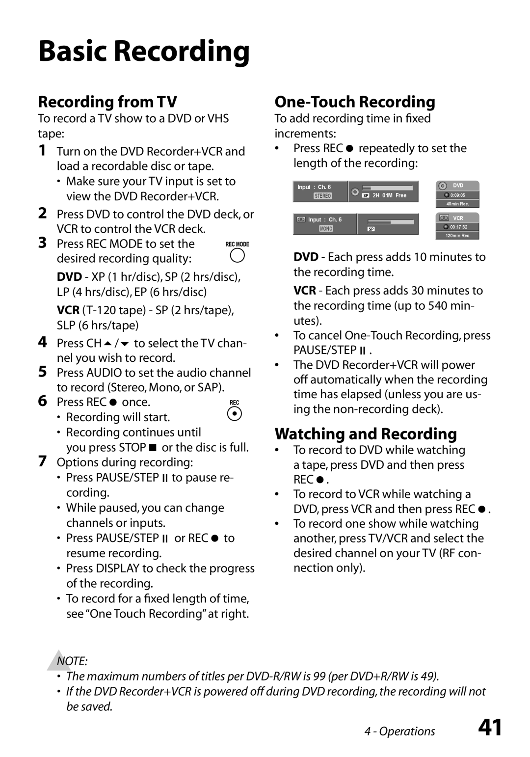 Go-Video VR3845 manual Recording from TV, One-Touch Recording, Watching and Recording 