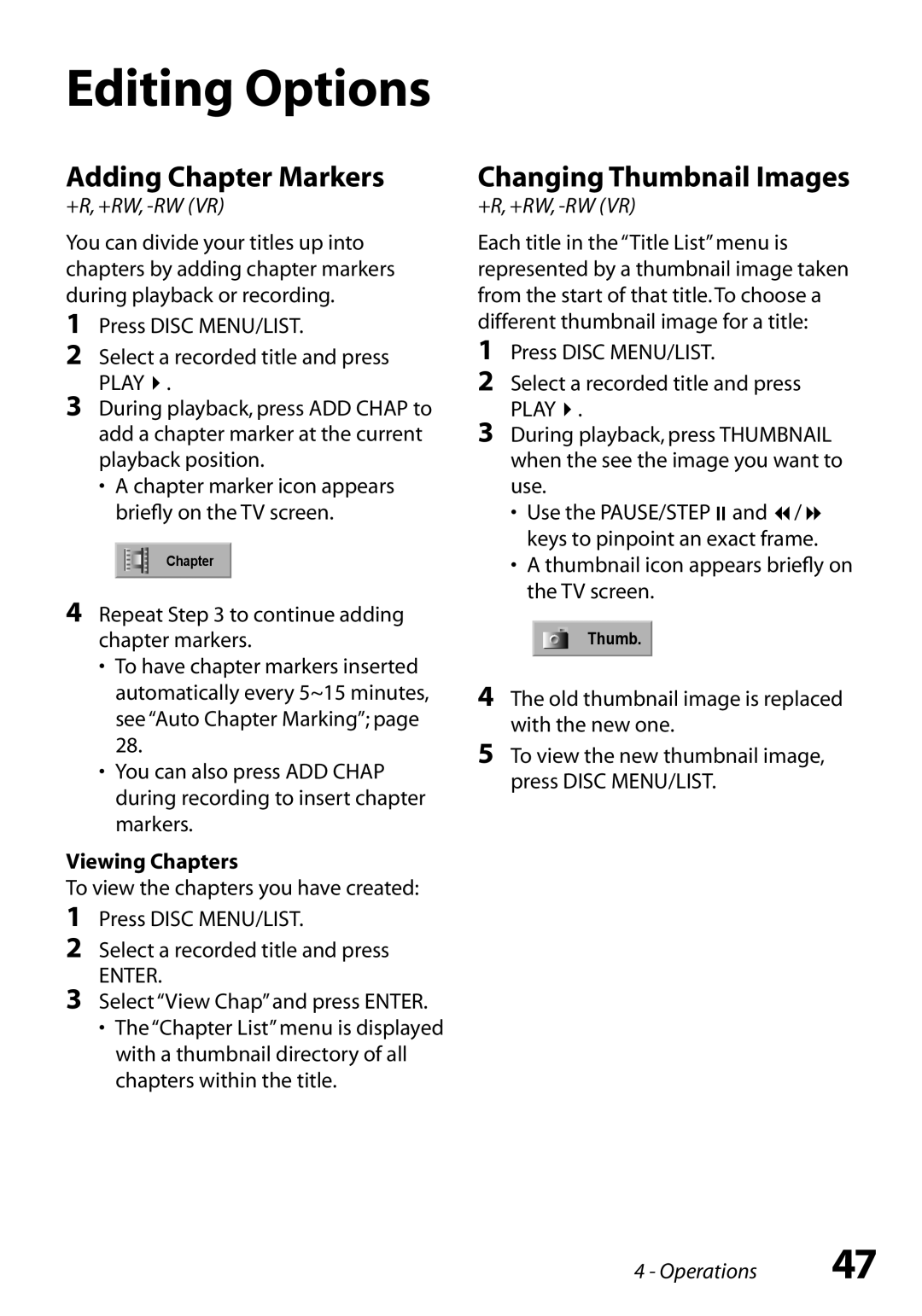 Go-Video VR3845 manual Editing Options, Adding Chapter Markers, Changing Thumbnail Images, Viewing Chapters 