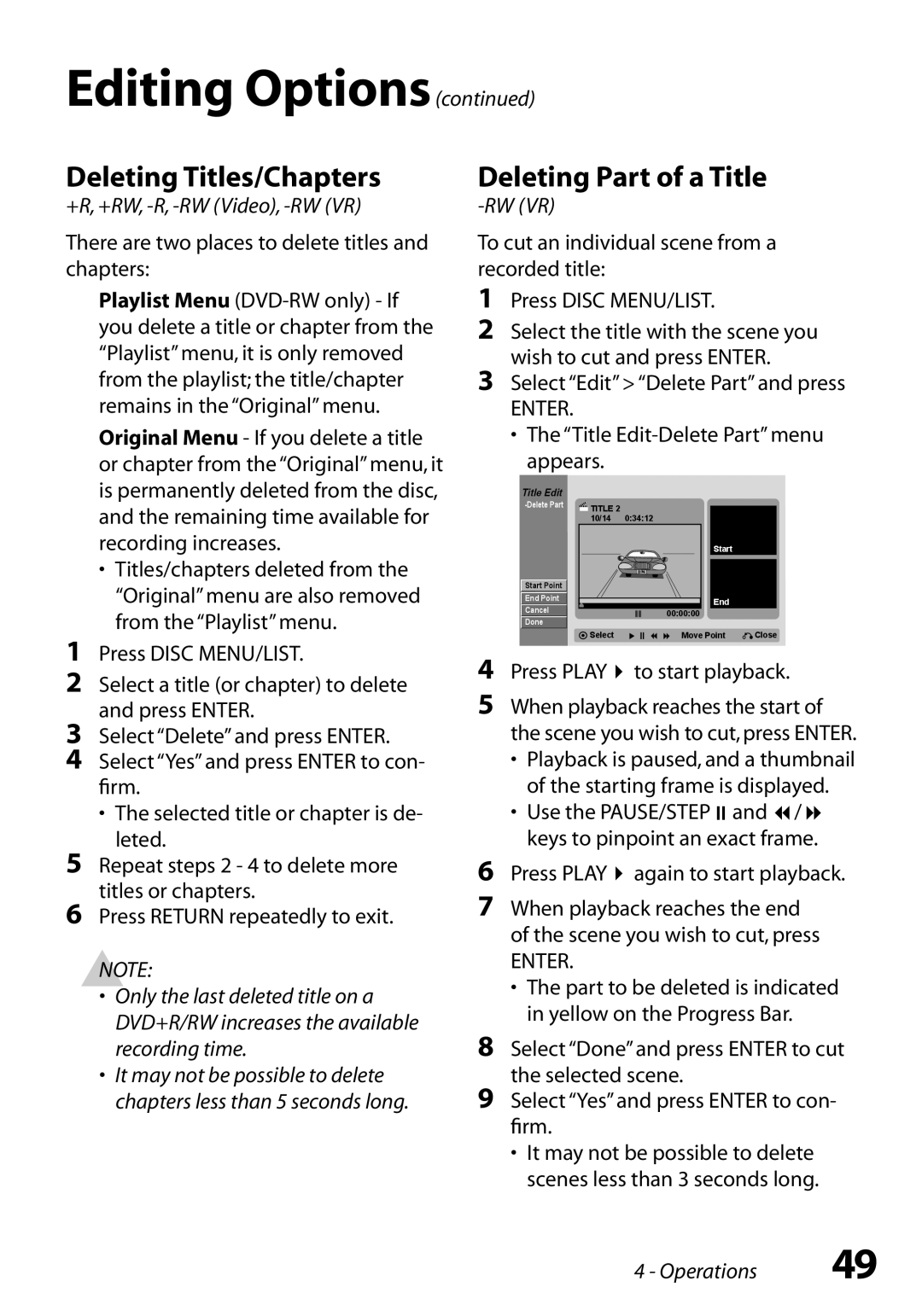 Go-Video VR3845 manual Deleting Titles/Chapters, Deleting Part of a Title, Title Edit-Delete Part menu appears 