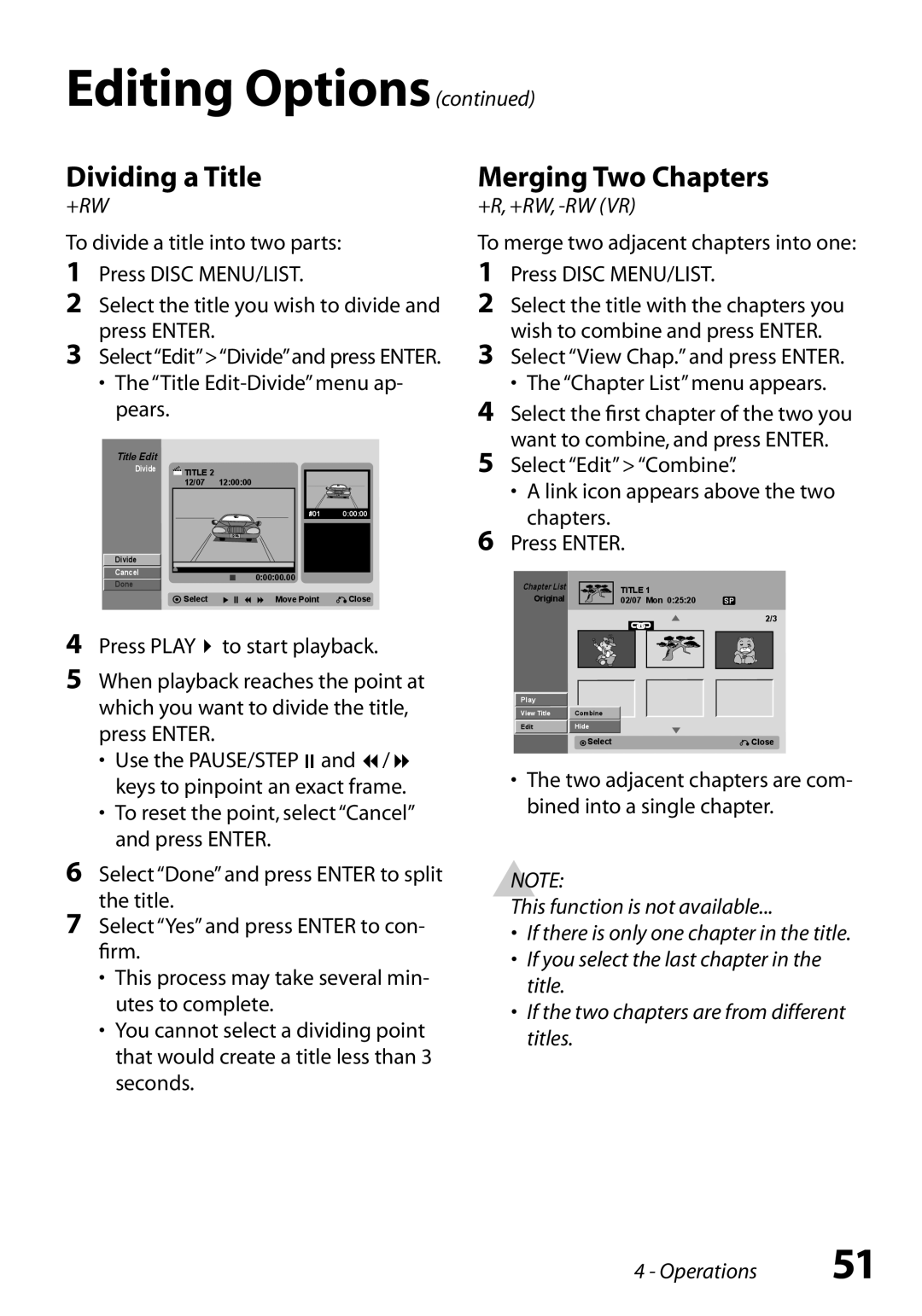 Go-Video VR3845 manual Dividing a Title, Merging Two Chapters, Title Edit-Divide menu ap- pears 