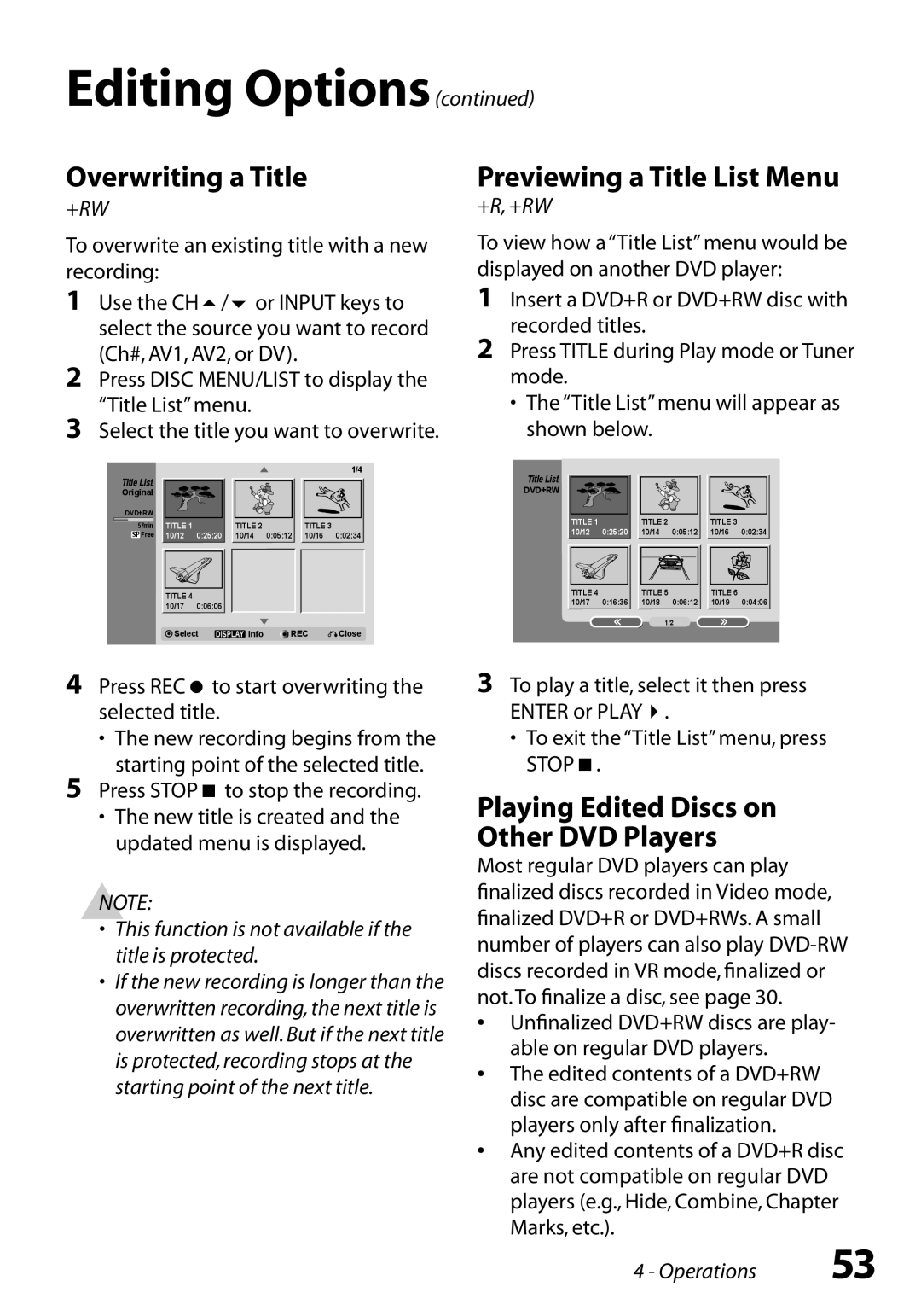 Go-Video VR3845 manual Overwriting a Title, Previewing a Title List Menu, Playing Edited Discs on Other DVD Players 