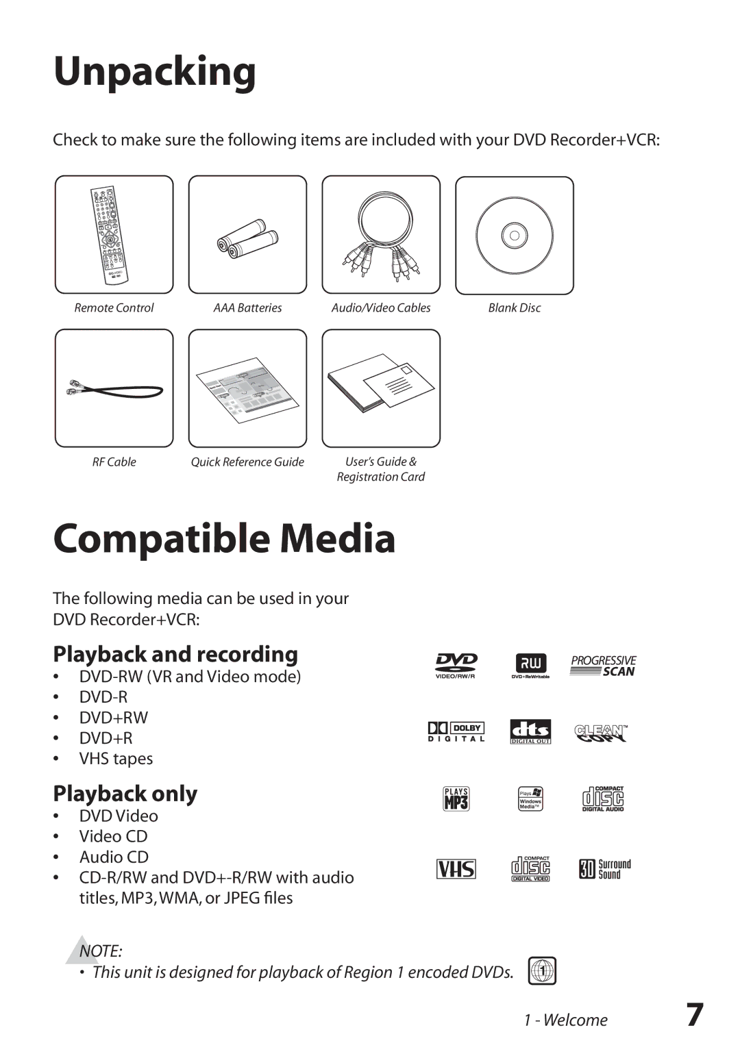 Go-Video VR3845 manual Unpacking, Compatible Media, Playback and recording, Playback only 