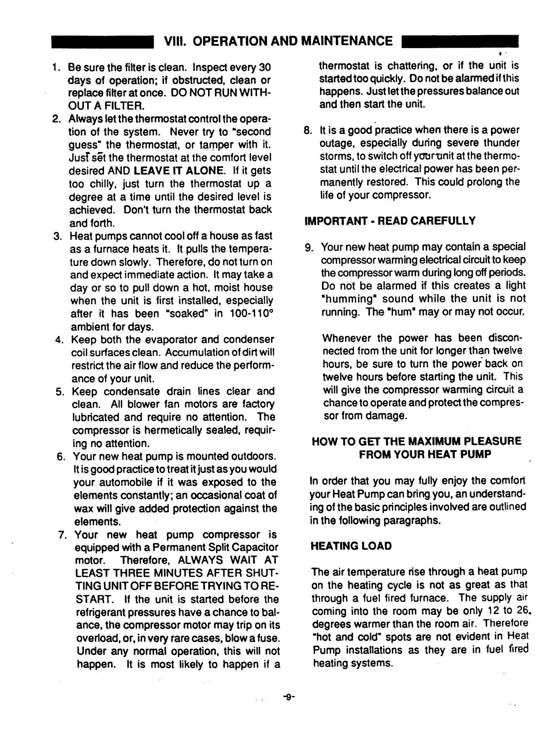 Goetti Air Conditioning Heat Pump VIII. Operation and Maintenance, OUT a Filter, Important Read Carefully, Heating Load 