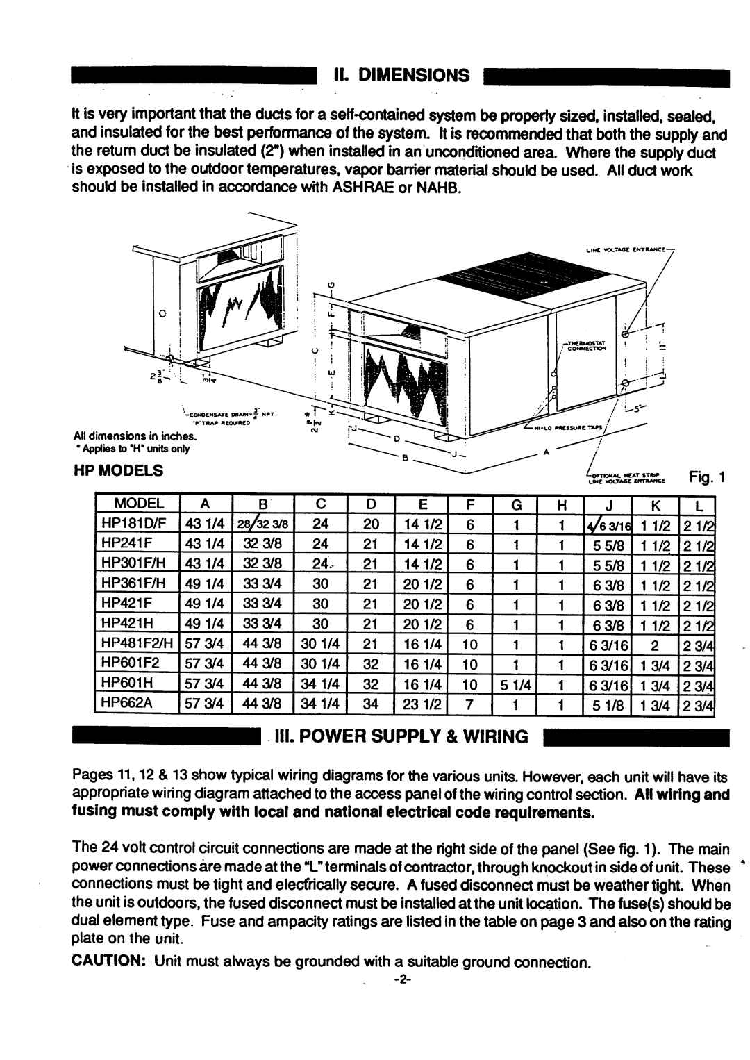 Goetti Air Conditioning Heat Pump manual III. Power Supply & Wiring, II. Dimensions, HP Models 