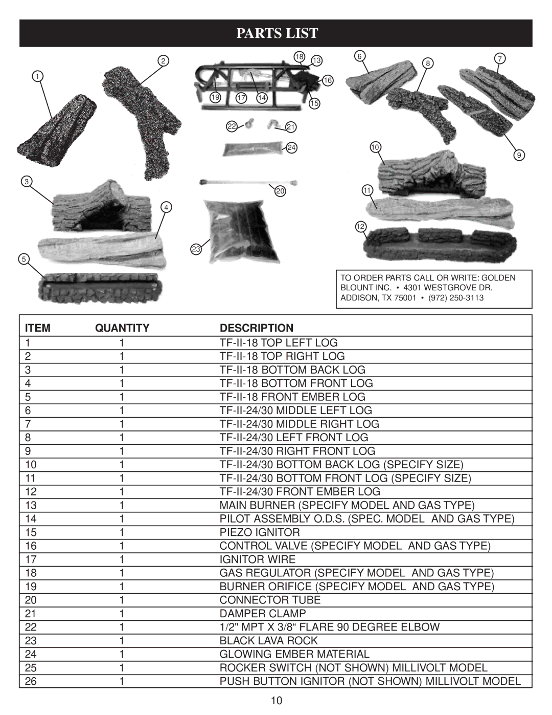 Golden Technologies 18 - 24 & 30 operating instructions Parts List, Quantity Description 