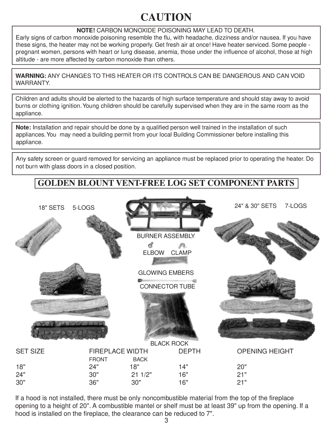 Golden Technologies 18 - 24 & 30 operating instructions Golden Blount VENT-FREE LOG SET Component Parts 