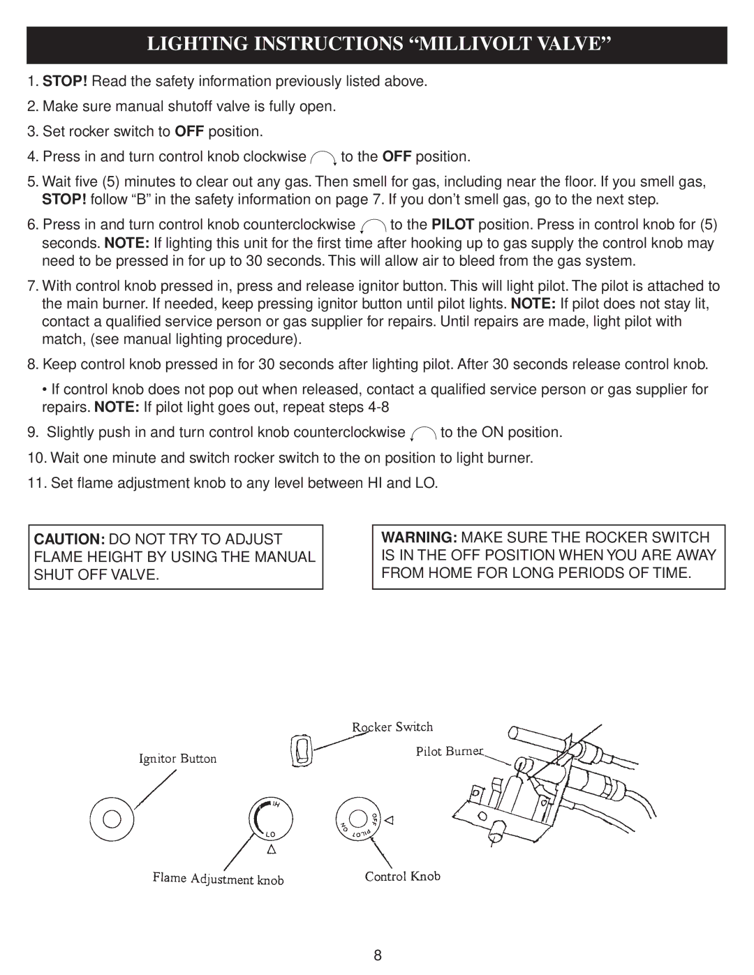 Golden Technologies 18 - 24 & 30 operating instructions Lighting Instructions Millivolt Valve 