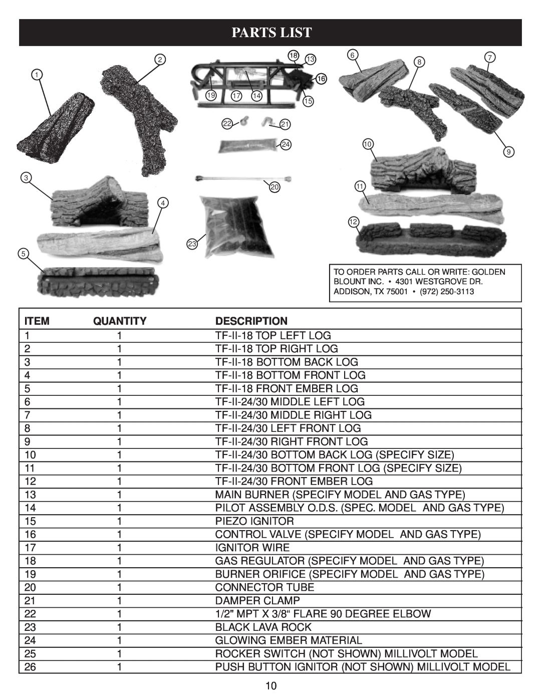 Golden Technologies 18" - 24" & 30 operating instructions Parts List, Quantity, Description 