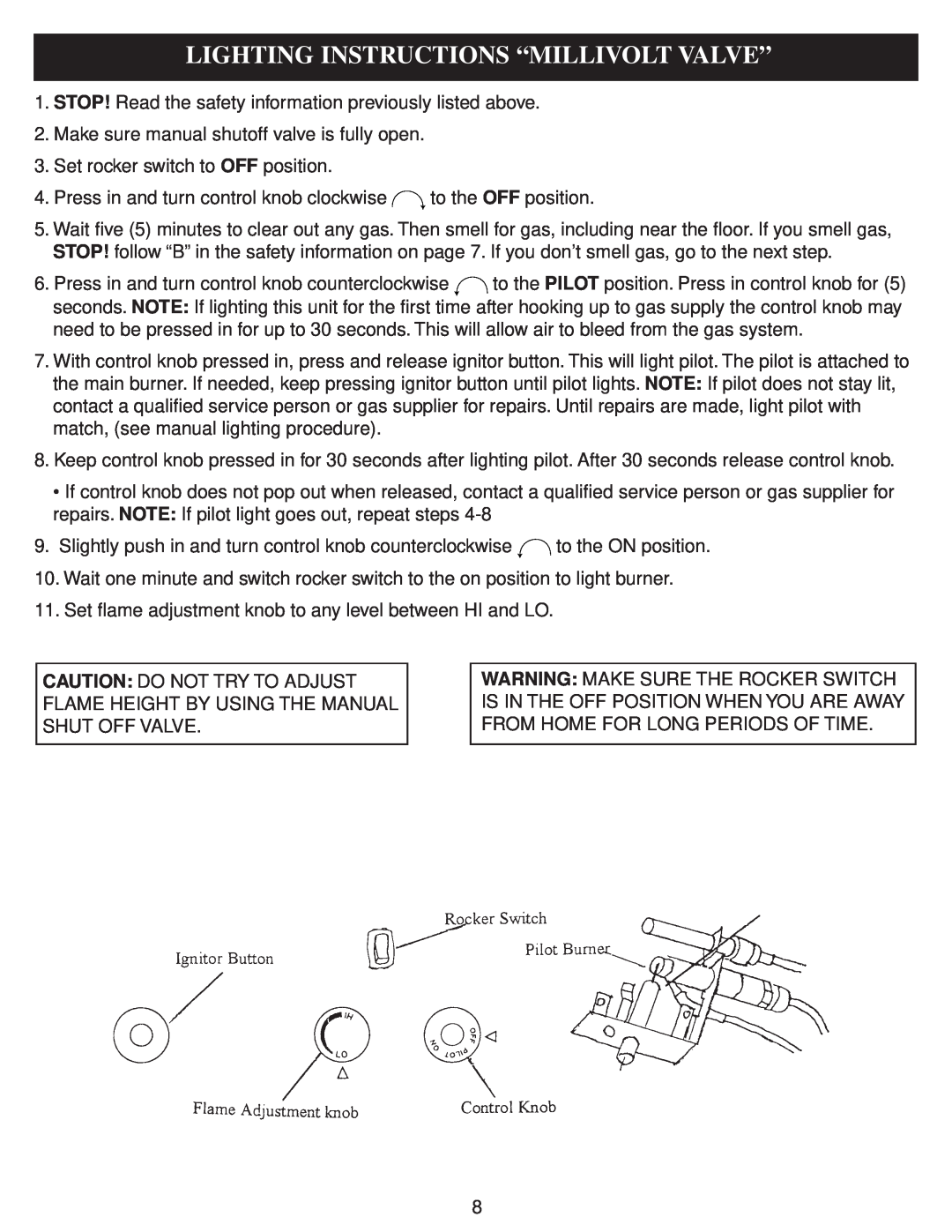 Golden Technologies 18" - 24" & 30 operating instructions Lighting Instructions “Millivolt Valve” 