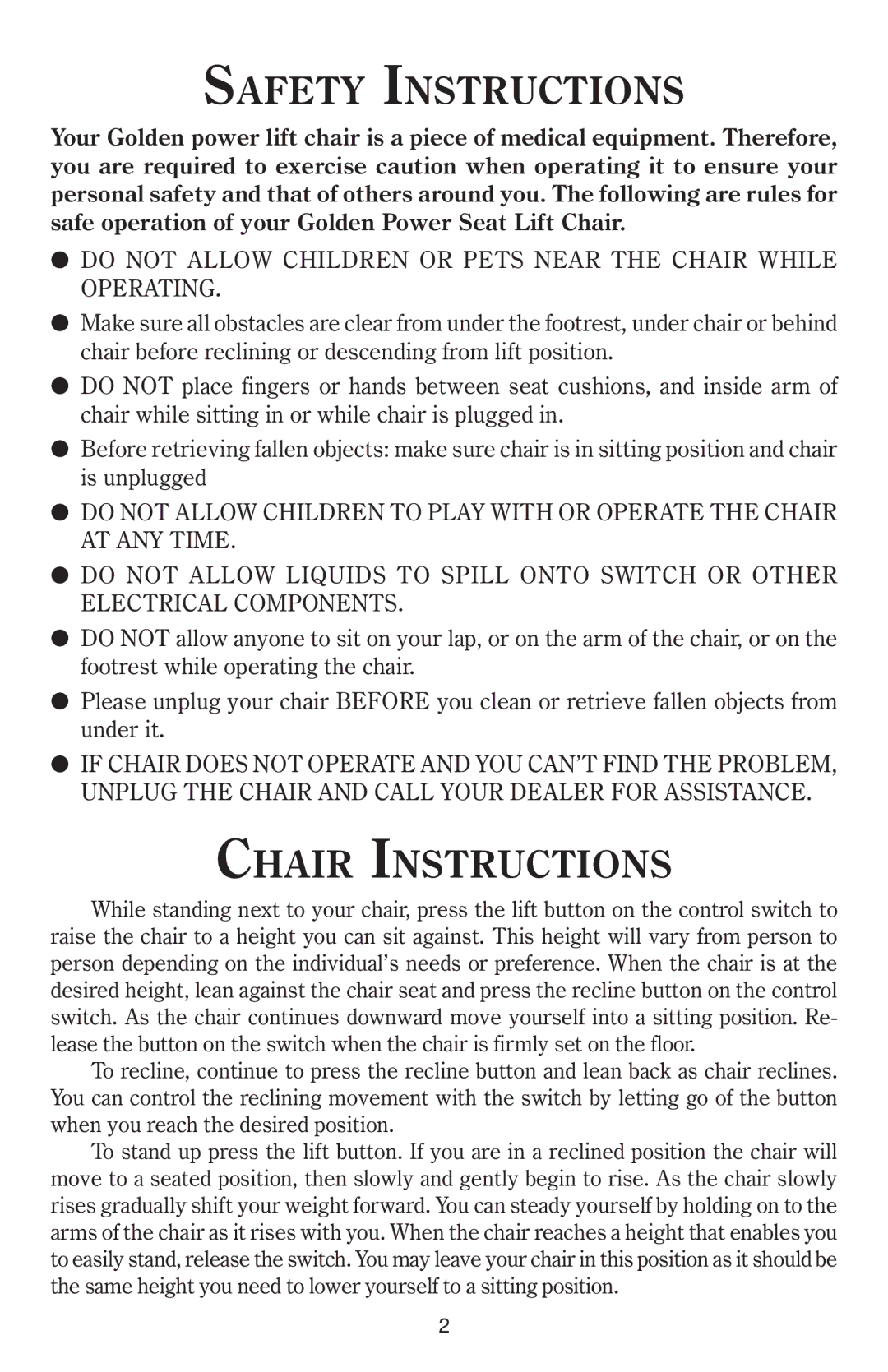 Golden Technologies 8-02 BPWARB owner manual Safety Instructions, Chair Instructions 