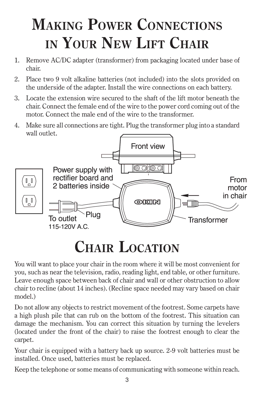 Golden Technologies 8-02 BPWARB owner manual Making Power Connections Your NEW Lift Chair, Chair Location 