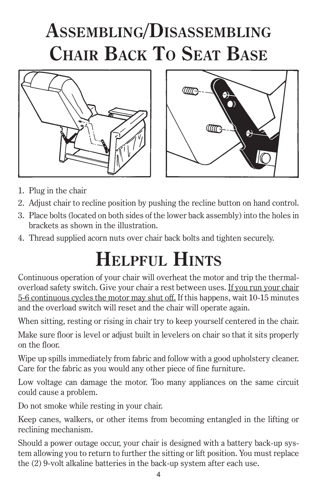 Golden Technologies 8-02 BPWARB owner manual ASSEMBLING/DISASSEMBLING Chair Back to Seat Base, Helpful Hints 