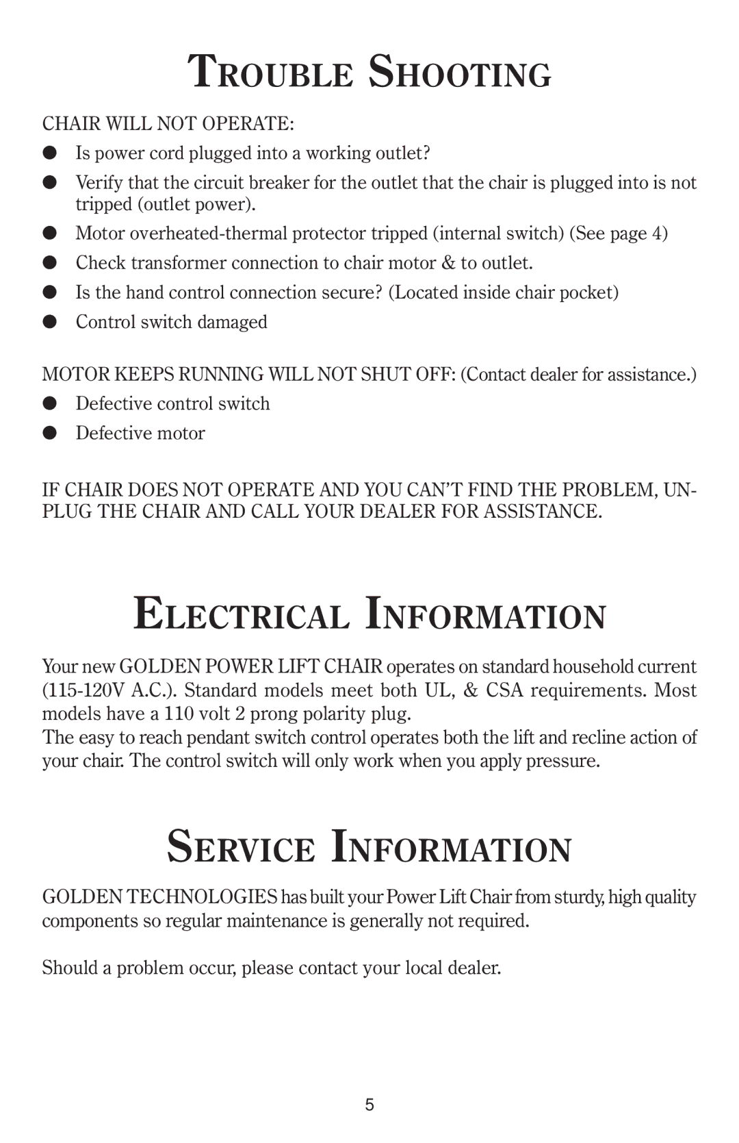 Golden Technologies 8-02 BPWARB owner manual Trouble Shooting, Electrical Information, Service Information 