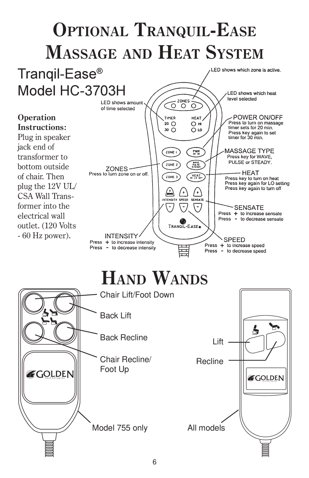 Golden Technologies 8-02 BPWARB owner manual Optional TRANQUIL-EASE Massage and Heat System, Hand Wands 